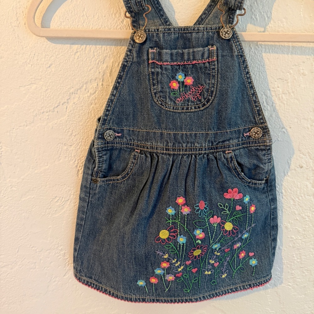 OshKosh B'gosh Girls Blue Denim Floral Embroidered Overall Dress Jumper Toddler2
